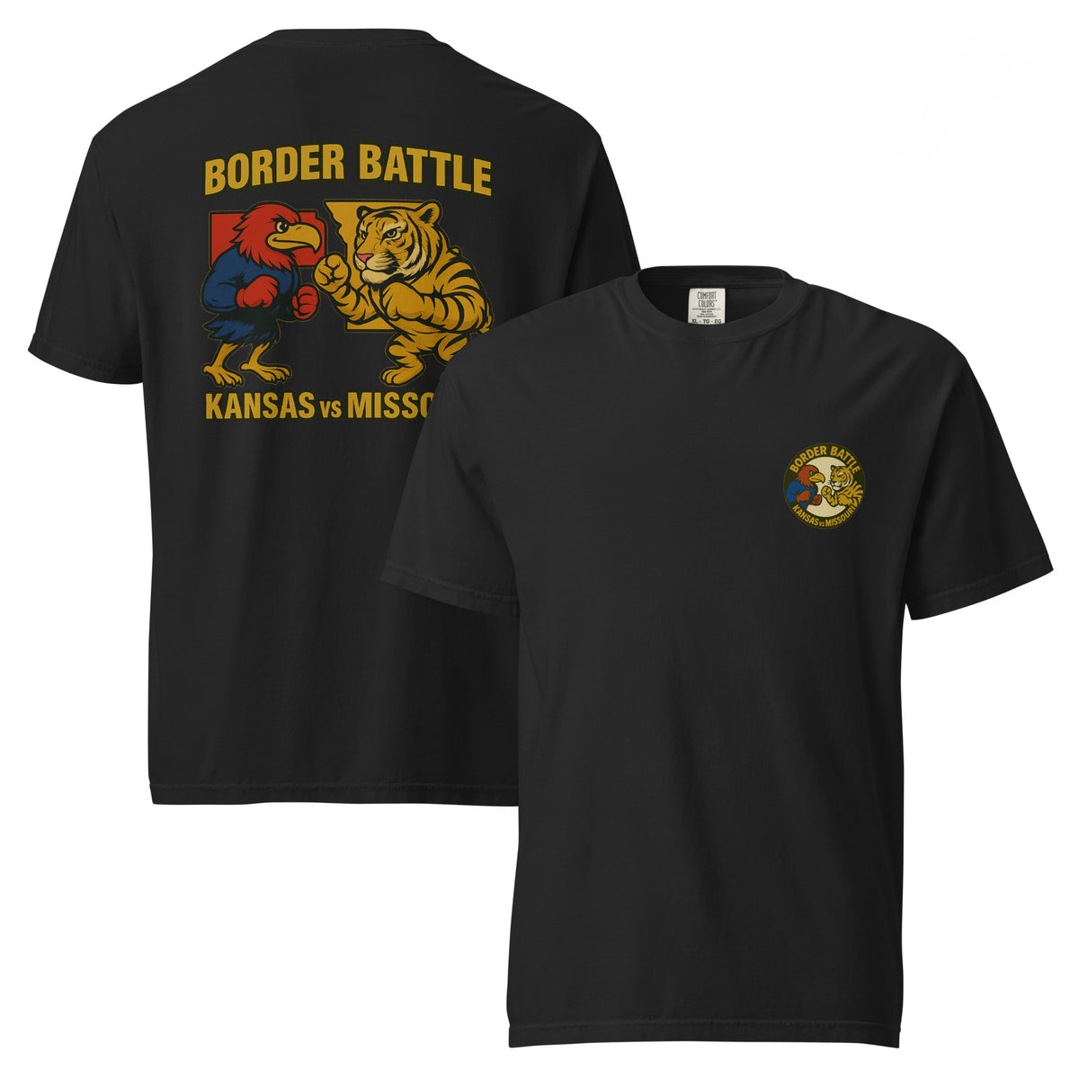 Front and back views of black HAGS Border Battle Kansas vs. Missouri T-shirt, showing small circular chest graphic and "Border Battle" bird and tiger graphic.