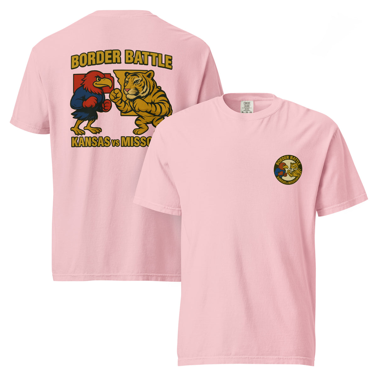 Front and back views of blossom HAGS Border Battle Kansas vs. Missouri T-shirt, showing small circular chest graphic and "Border Battle" bird and tiger graphic.