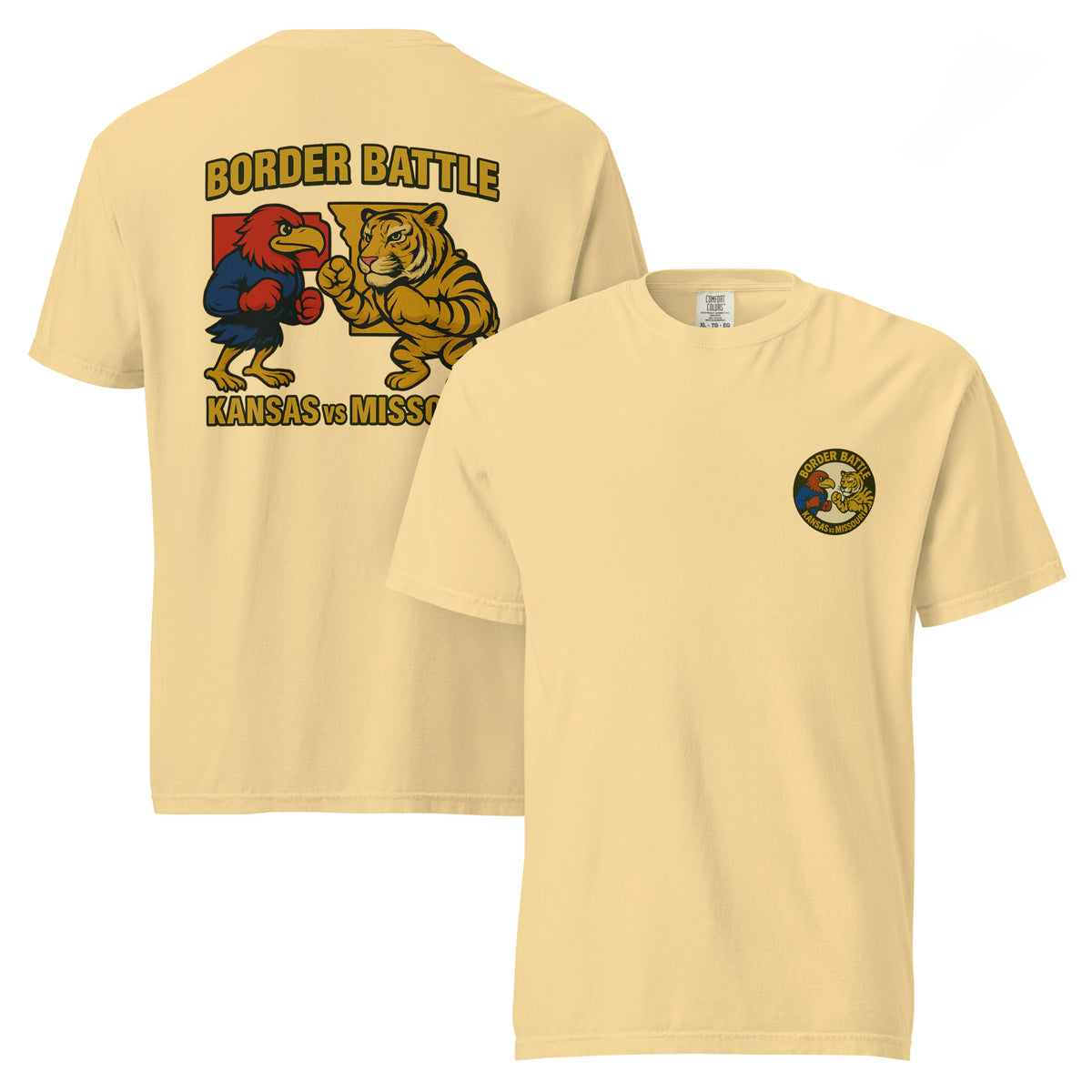 Front and back views of butter HAGS Border Battle Kansas vs. Missouri T-shirt, showing small circular chest graphic and "Border Battle" bird and tiger graphic.