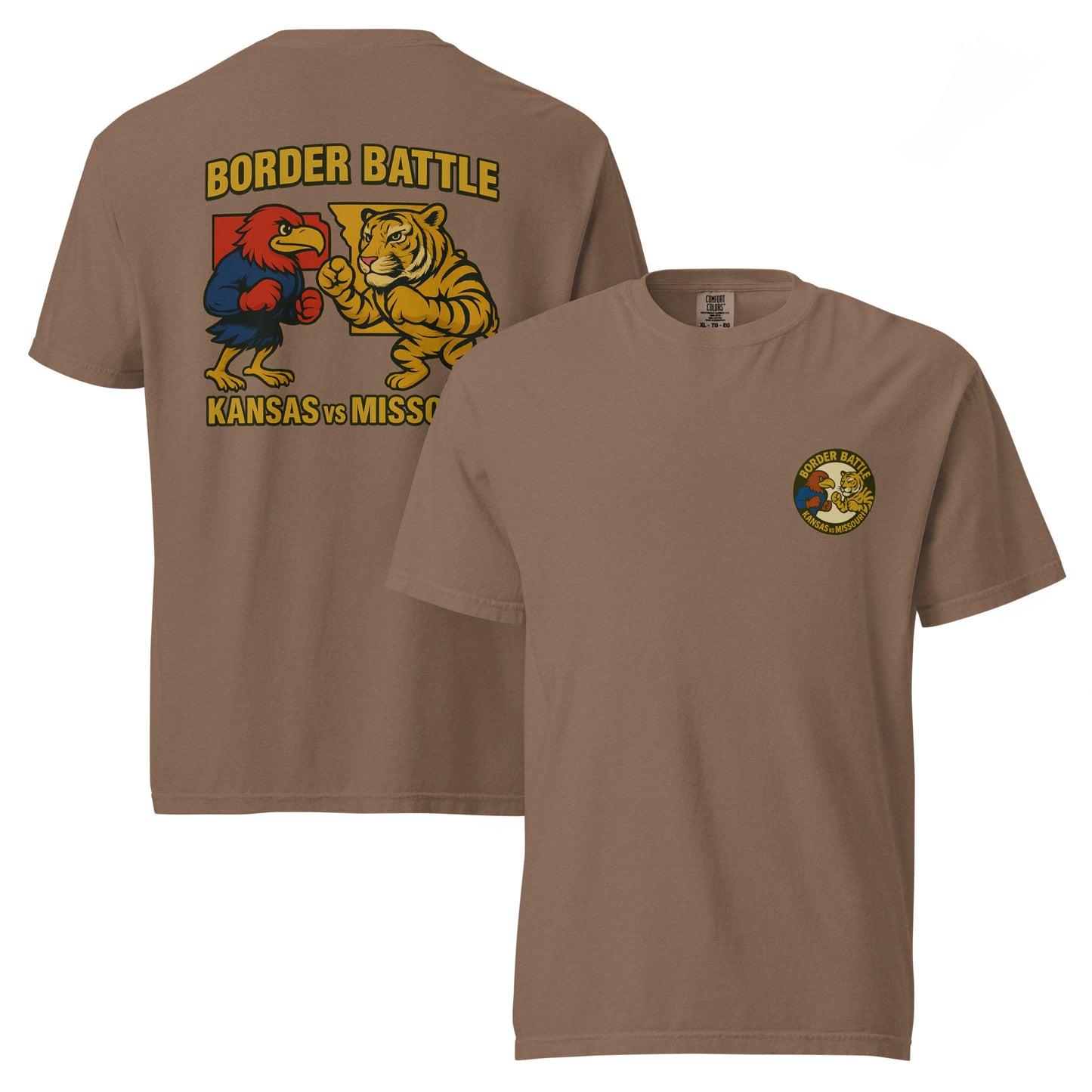 Front and back views of espresso HAGS Border Battle Kansas vs. Missouri T-shirt, showing small circular chest graphic and "Border Battle" bird and tiger graphic.