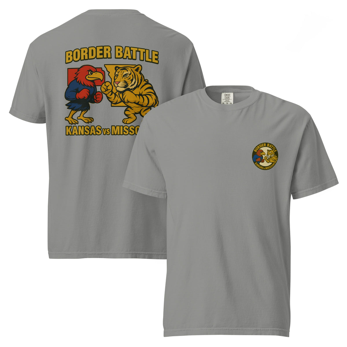 Front and back views of grey HAGS Border Battle Kansas vs. Missouri T-shirt, showing small circular chest graphic and "Border Battle" bird and tiger graphic.