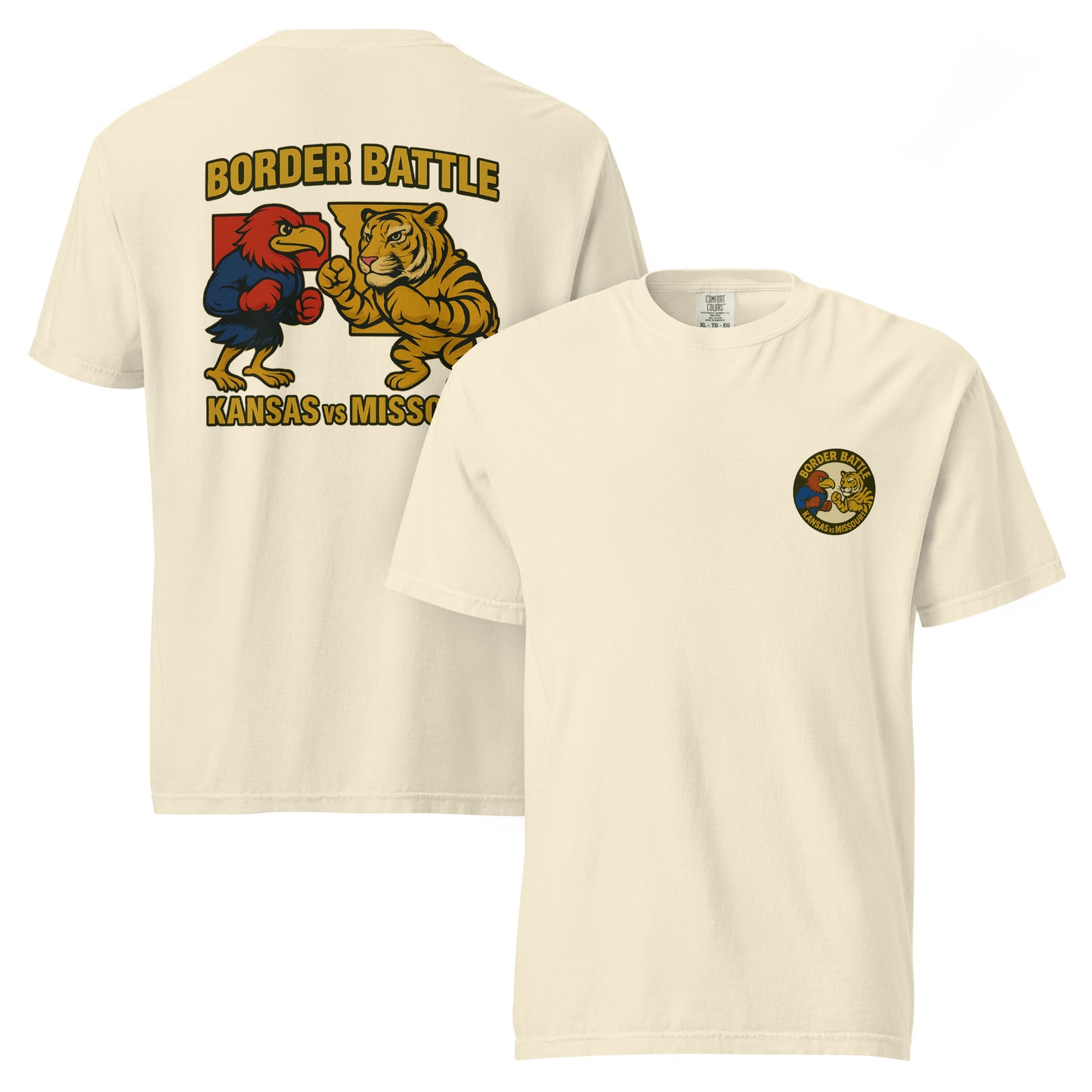 Front and back views of ivory HAGS Border Battle Kansas vs. Missouri T-shirt, showing small circular chest graphic and "Border Battle" bird and tiger graphic.