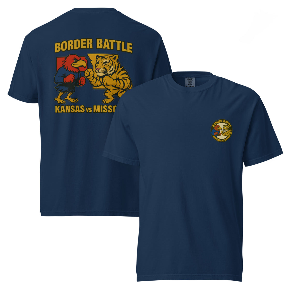 Front and back views of navy HAGS Border Battle Kansas vs. Missouri T-shirt, showing small circular chest graphic and "Border Battle" bird and tiger graphic.