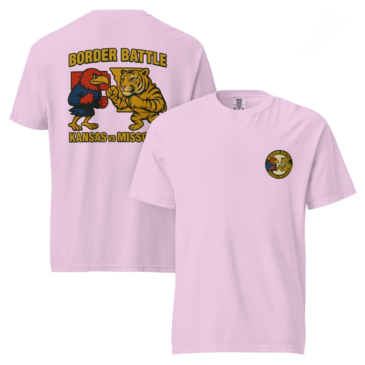 Front and back views of orchid HAGS Border Battle Kansas vs. Missouri T-shirt, showing small circular chest graphic and "Border Battle" bird and tiger graphic.