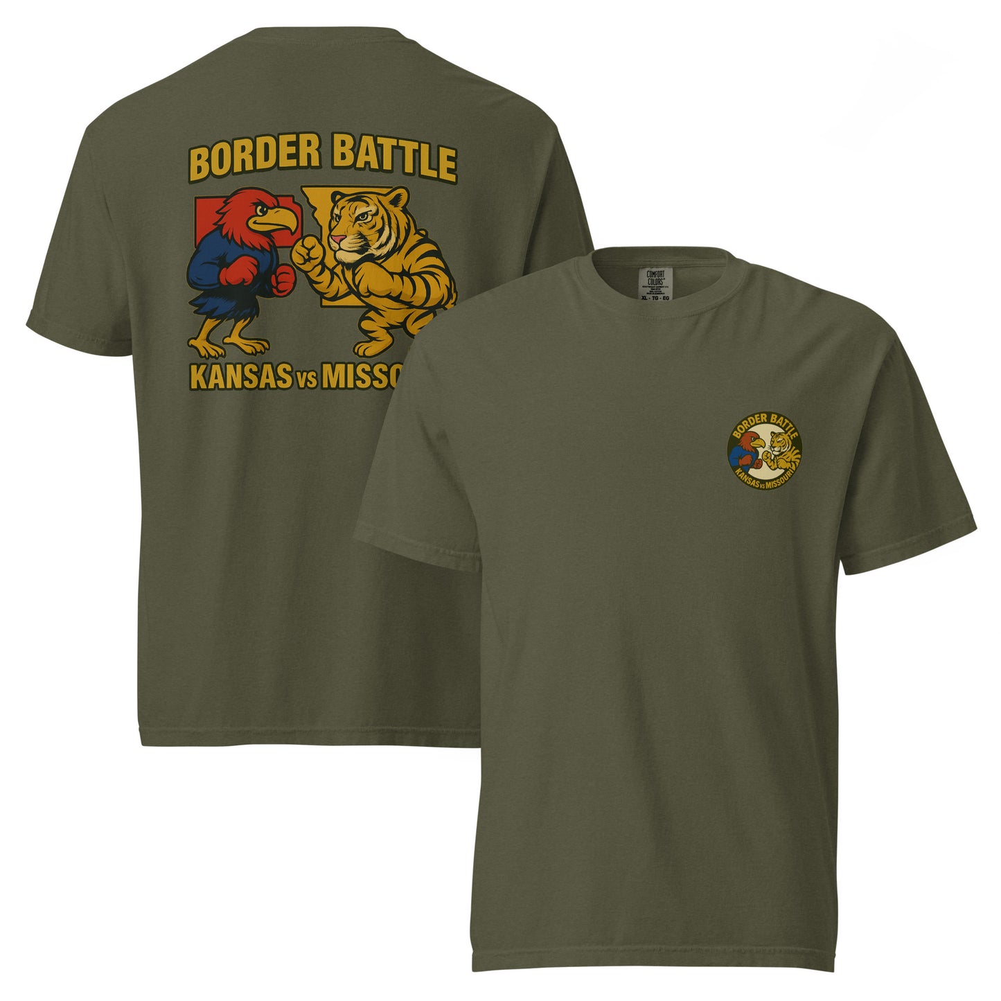 Front and back views of sage HAGS Border Battle Kansas vs. Missouri T-shirt, showing small circular chest graphic and "Border Battle" bird and tiger graphic.