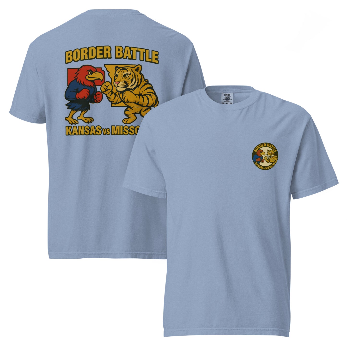 Front and back views of washed denim HAGS Border Battle Kansas vs. Missouri T-shirt, showing small circular chest graphic and "Border Battle" bird and tiger graphic.