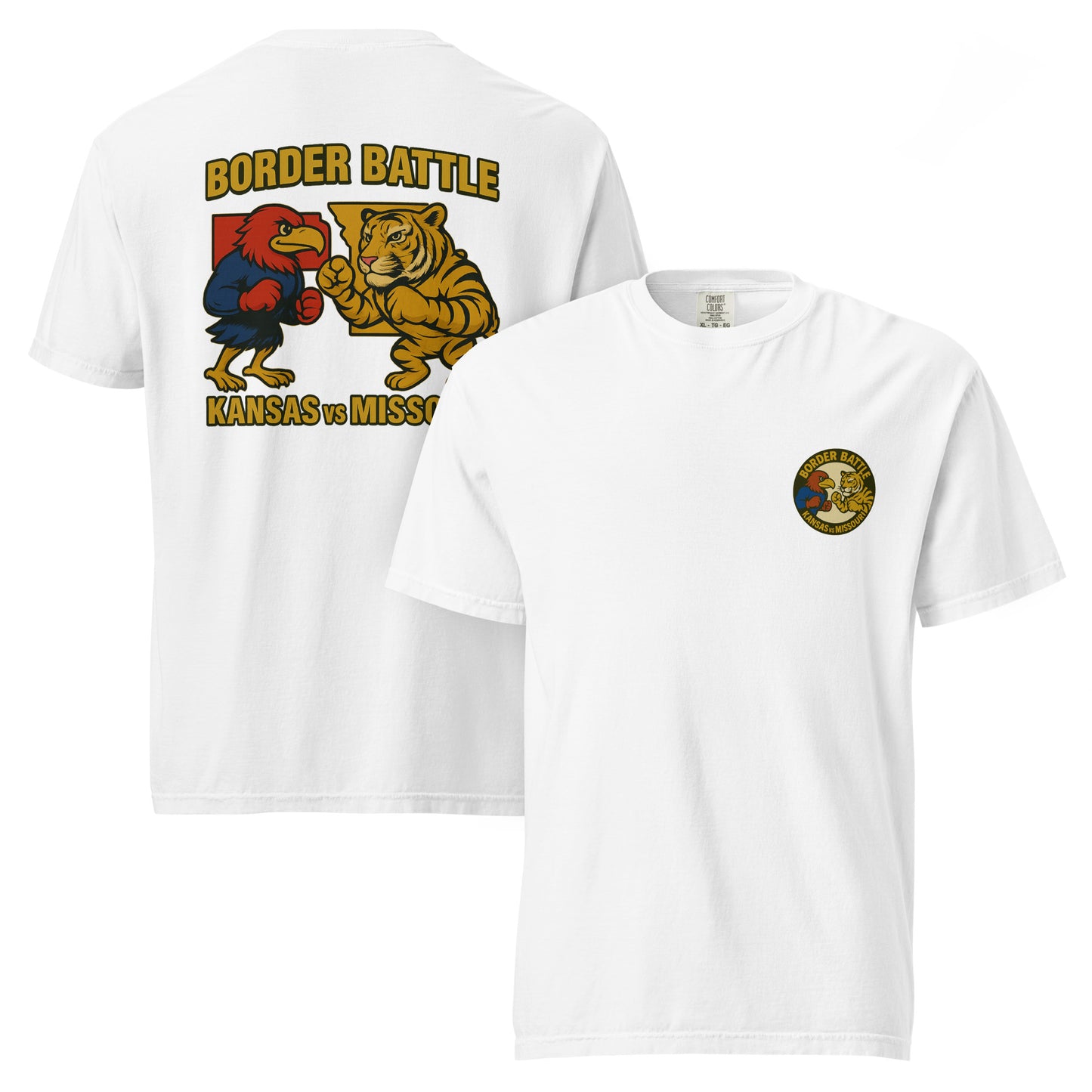 Front and back views of white HAGS Border Battle Kansas vs. Missouri T-shirt, showing small circular chest graphic and "Border Battle" bird and tiger graphic.