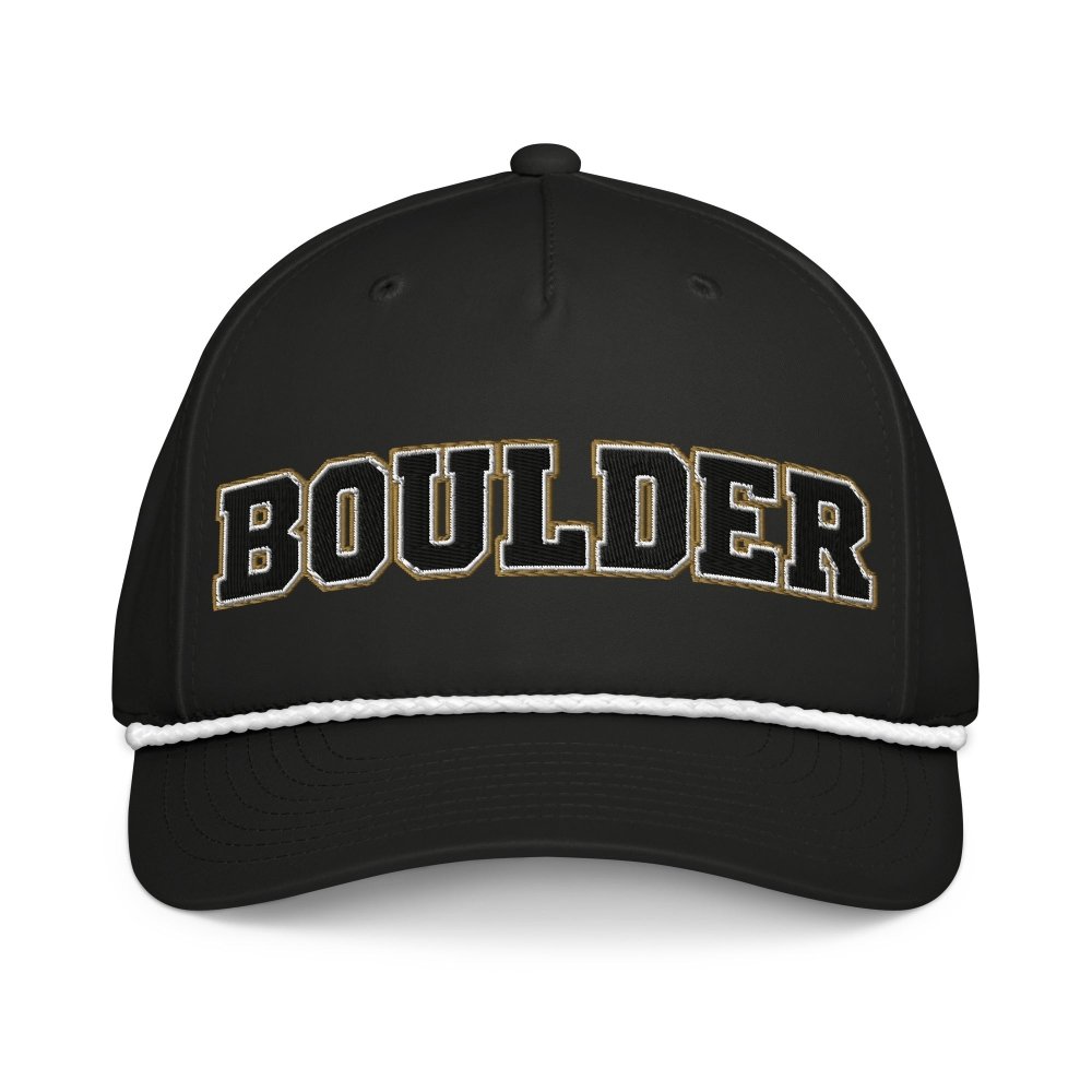 Front view of black HAGS Boulder Colorado rope hat, showing black and gold BOULDER lettering and contrasting rope.