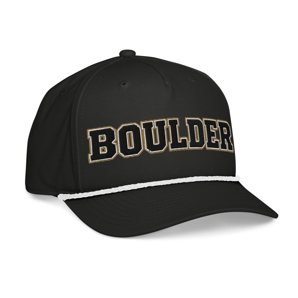 Opposite angled front view of black HAGS Boulder Colorado rope hat, showing black and gold BOULDER lettering and contrasting rope.