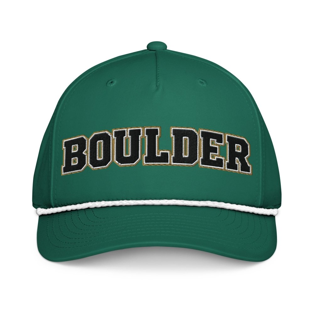 Front view of green HAGS Boulder Colorado rope hat, showing black and gold BOULDER lettering and contrasting rope.