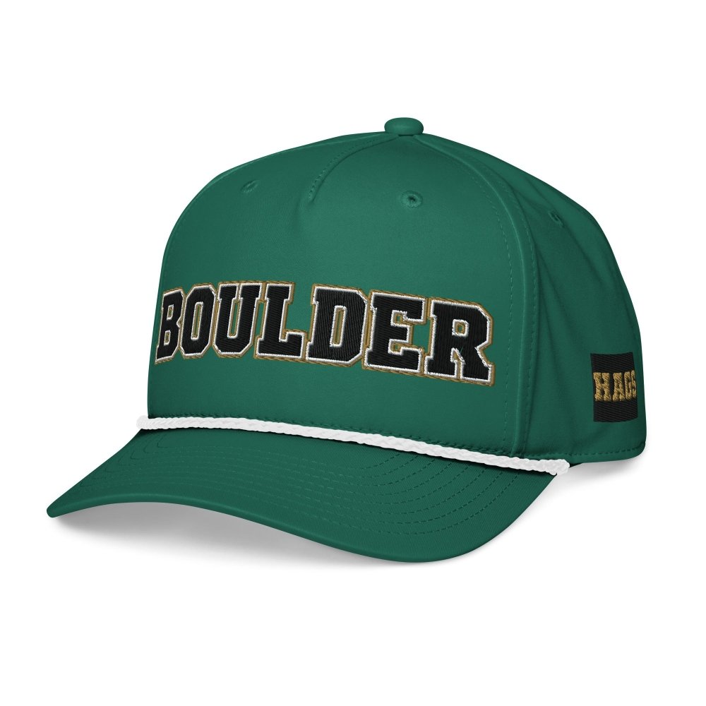 Angled front view of green HAGS Boulder Colorado rope hat, showing black and gold BOULDER lettering and contrasting rope.