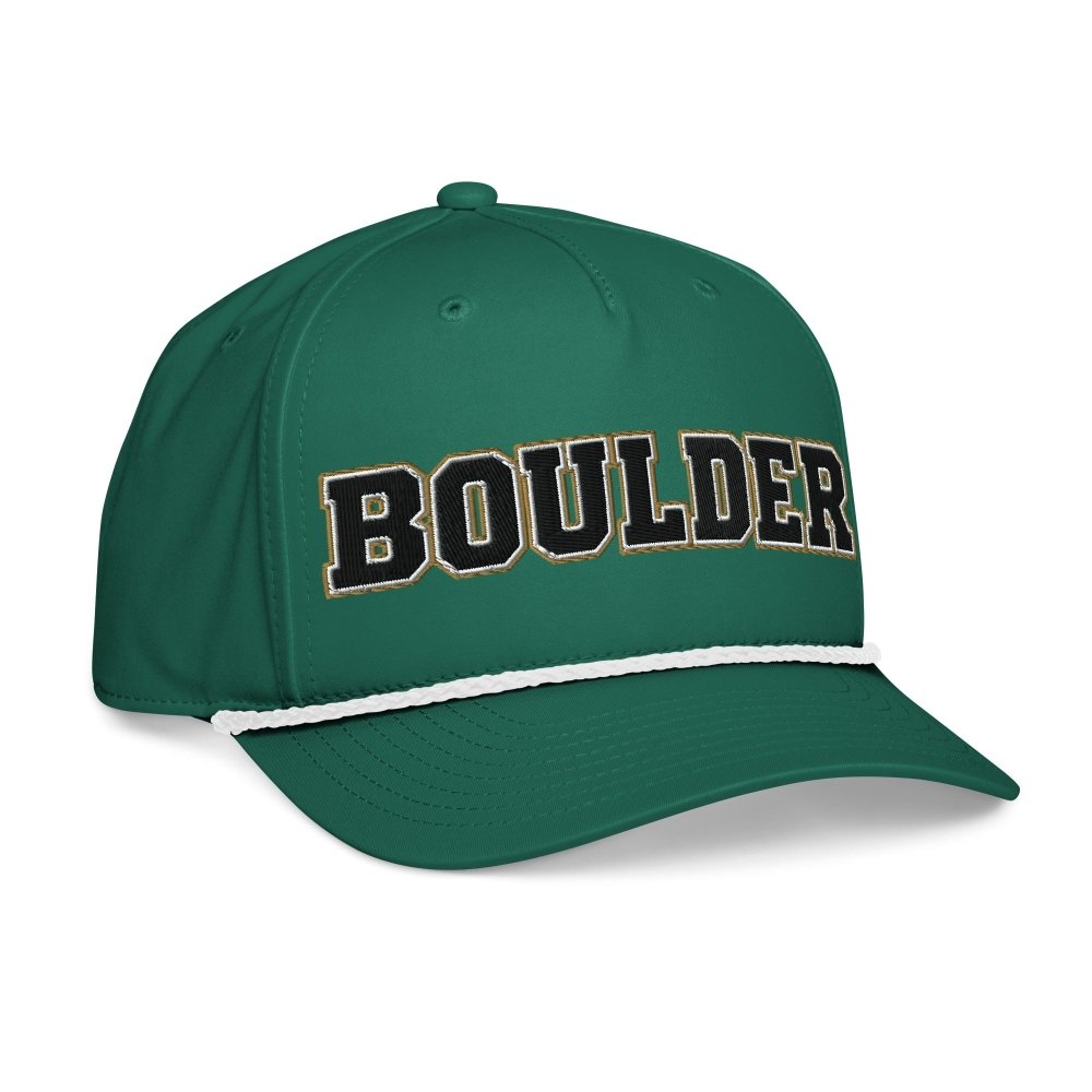 Opposite angled front view of green HAGS Boulder Colorado rope hat, showing black and gold BOULDER lettering and contrasting rope.