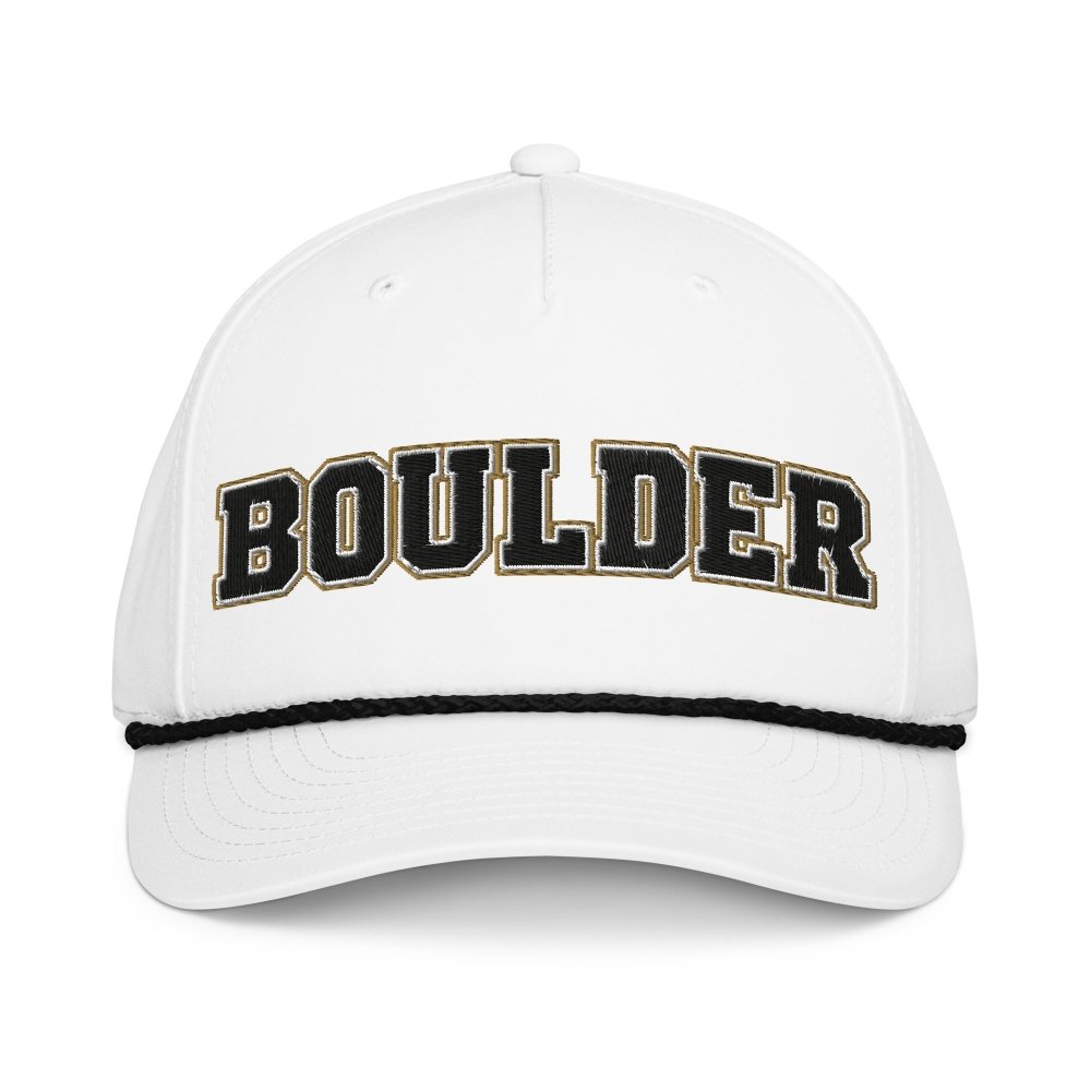 Front view of white HAGS Boulder Colorado rope hat, showing black and gold BOULDER lettering and contrasting rope.