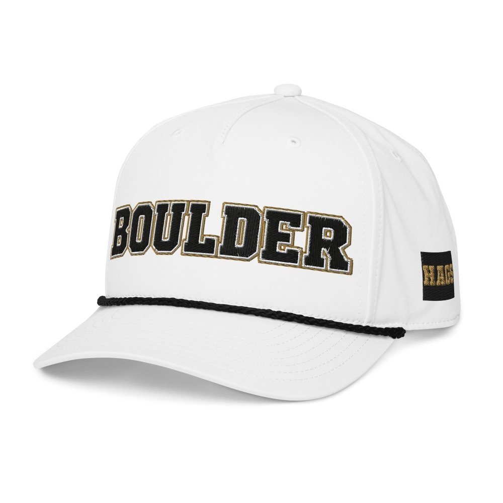 Angled front view of white HAGS Boulder Colorado rope hat, showing black and gold BOULDER lettering and contrasting rope.