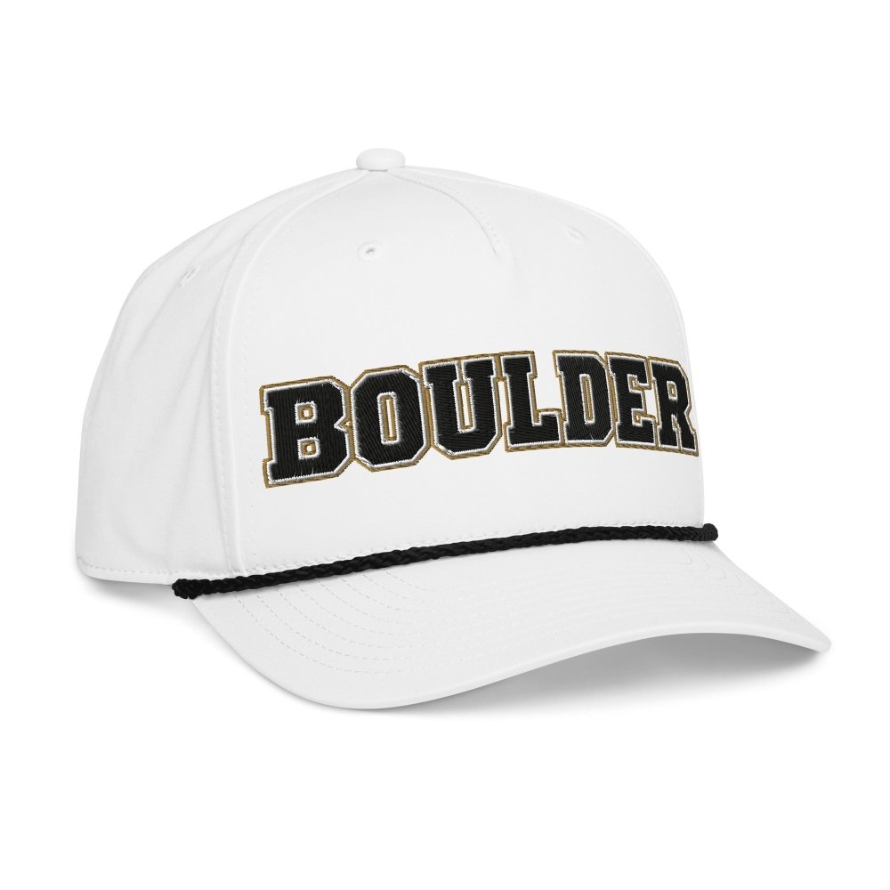 Opposite angled front view of white HAGS Boulder Colorado rope hat, showing black and gold BOULDER lettering and contrasting rope.