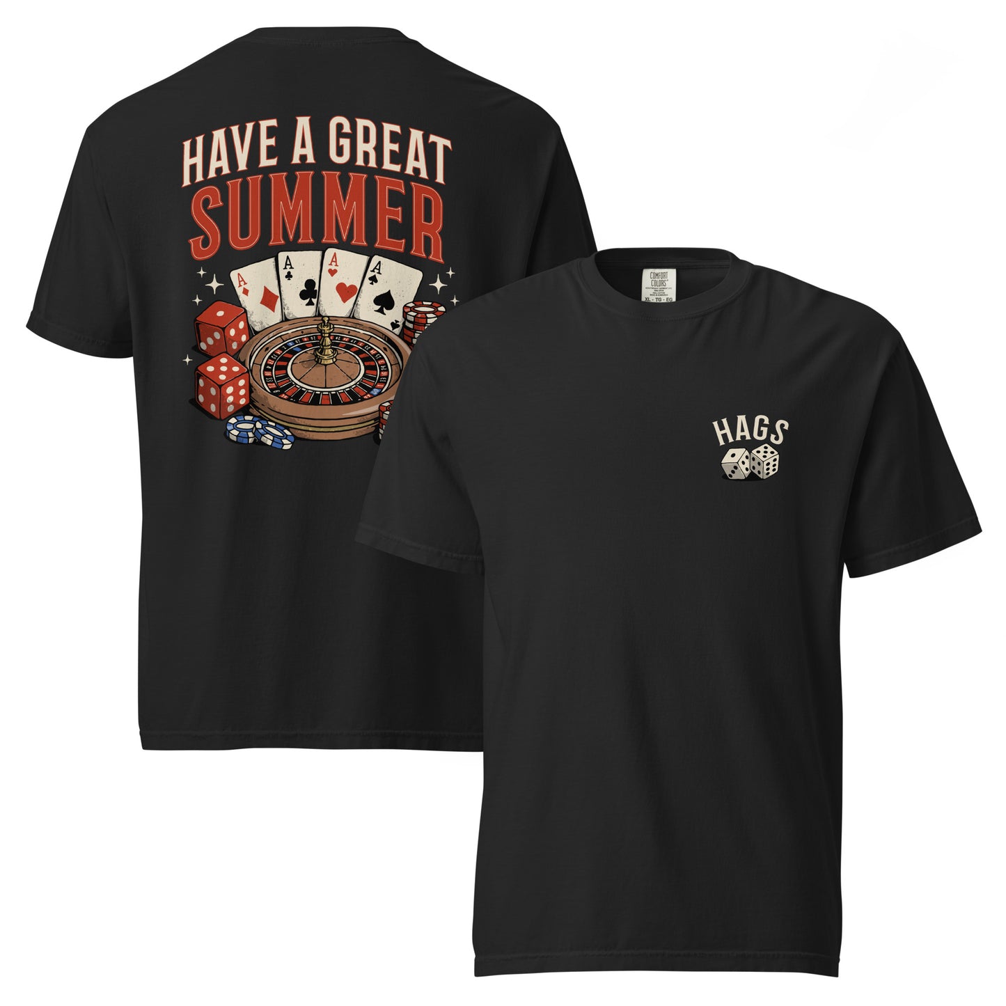 Front and back views of black HAGS casino graphic T-shirt, showing dice chest logo and "Have a Great Summer" cards, dice and roulette graphic.