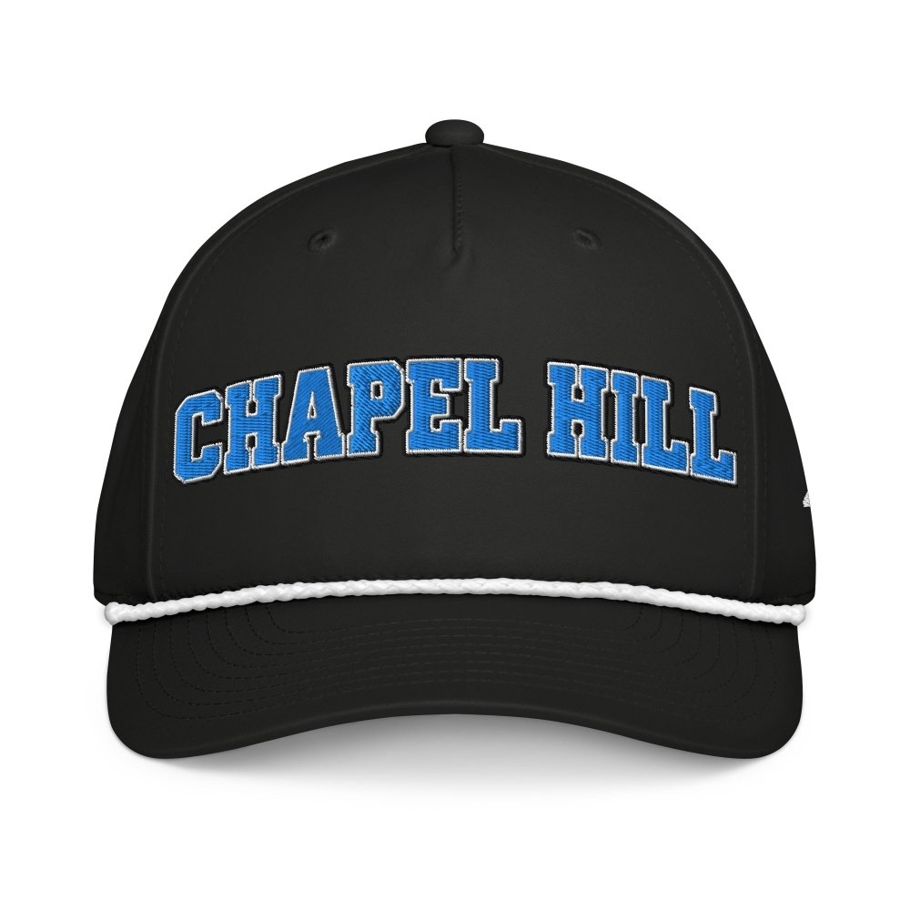 Front view of black HAGS Chapel Hill North Carolina rope hat, showing light blue CHAPEL HILL lettering.