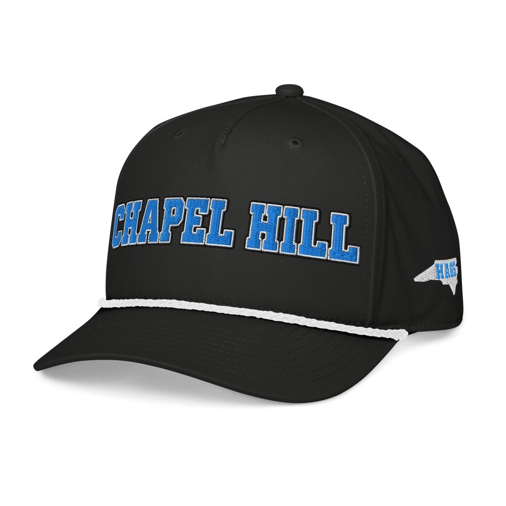 Angled front view of black HAGS Chapel Hill North Carolina rope hat, showing light blue CHAPEL HILL lettering.