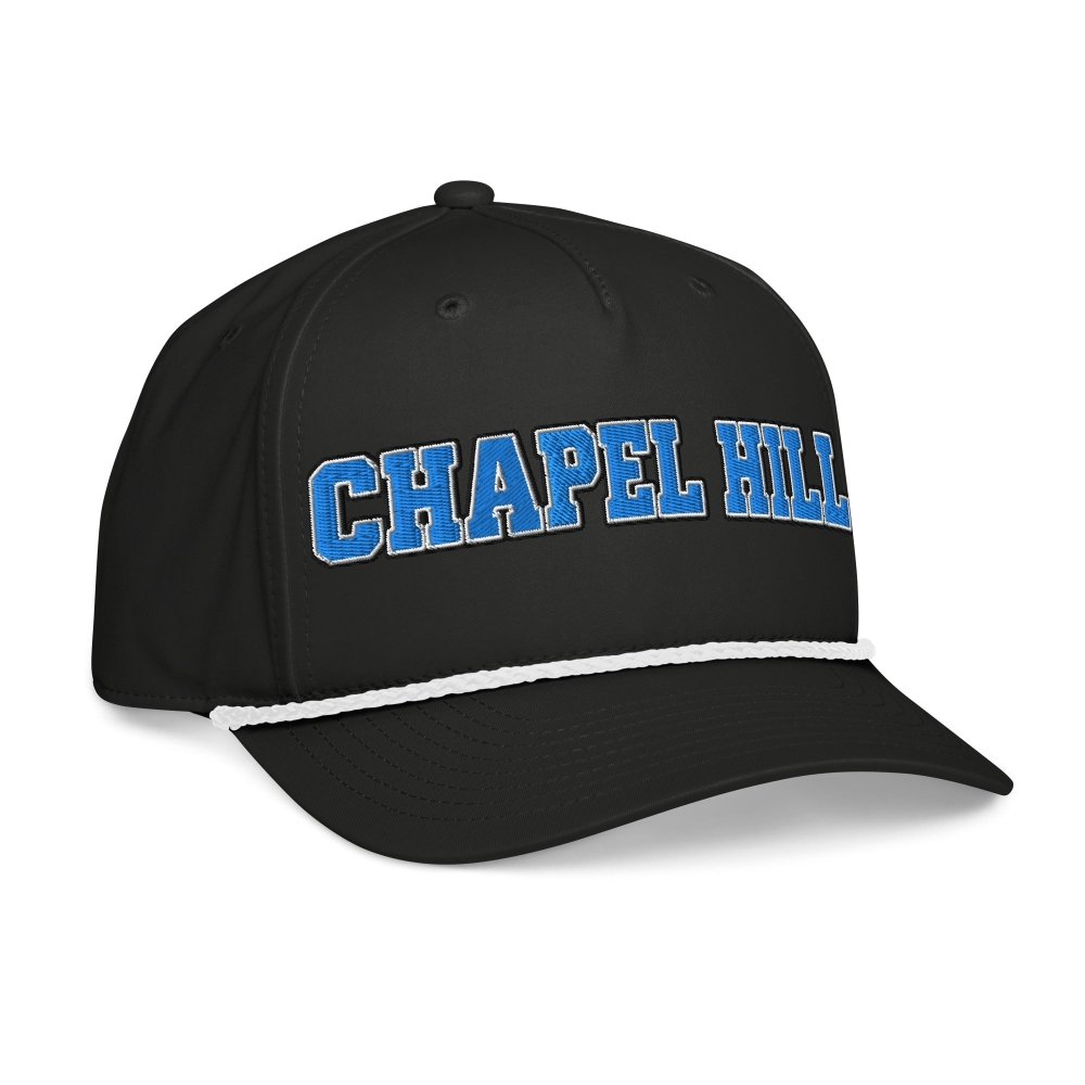 Opposite angled front view of black HAGS Chapel Hill North Carolina rope hat, showing light blue CHAPEL HILL lettering.