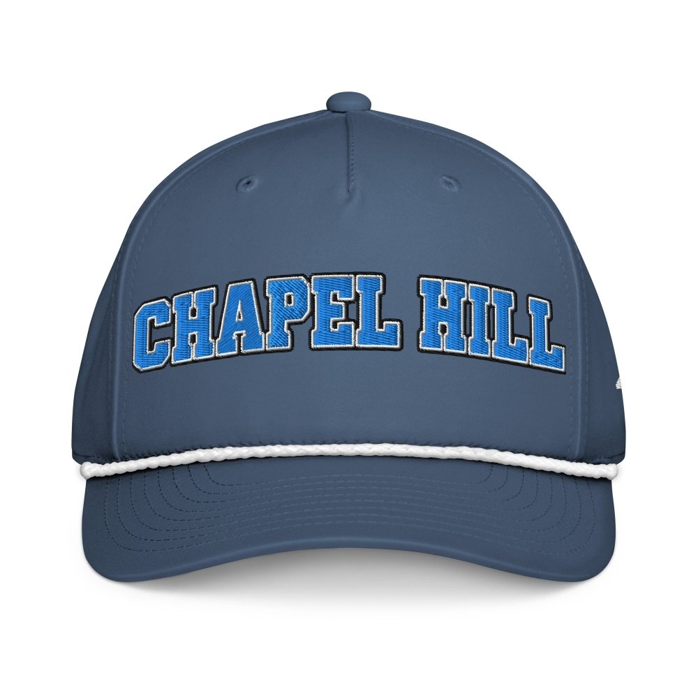 Front view of navy HAGS Chapel Hill North Carolina rope hat, showing light blue CHAPEL HILL lettering.