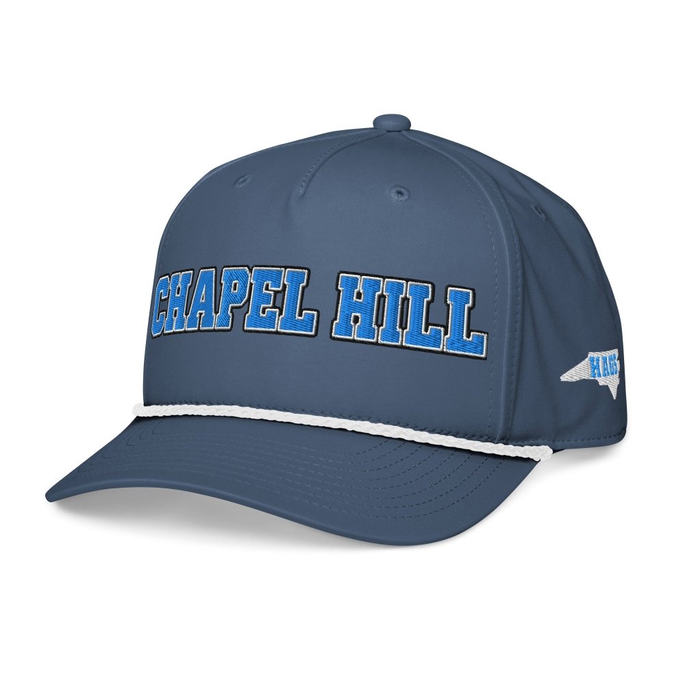 Angled front view of navy HAGS Chapel Hill North Carolina rope hat, showing light blue CHAPEL HILL lettering.