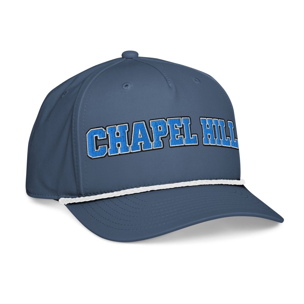 Opposite angled front view of navy HAGS Chapel Hill North Carolina rope hat, showing light blue CHAPEL HILL lettering.