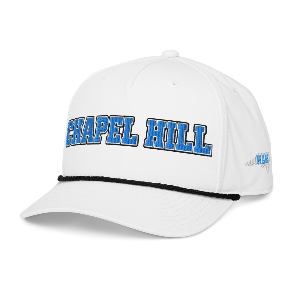 Angled front view of white HAGS Chapel Hill North Carolina rope hat, showing light blue CHAPEL HILL lettering.