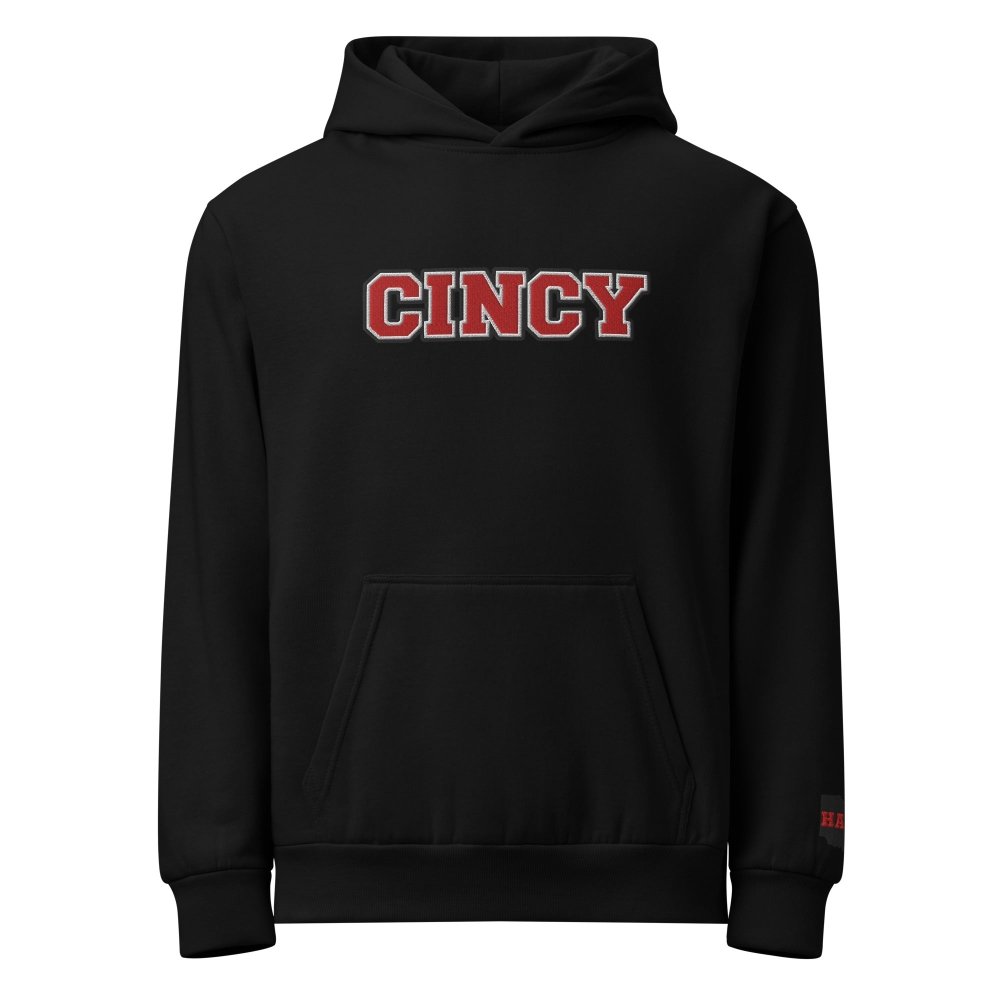 Front view of black HAGS Cincinnati Ohio CINCY embroidered hoodie, showing red CINCY chest lettering.