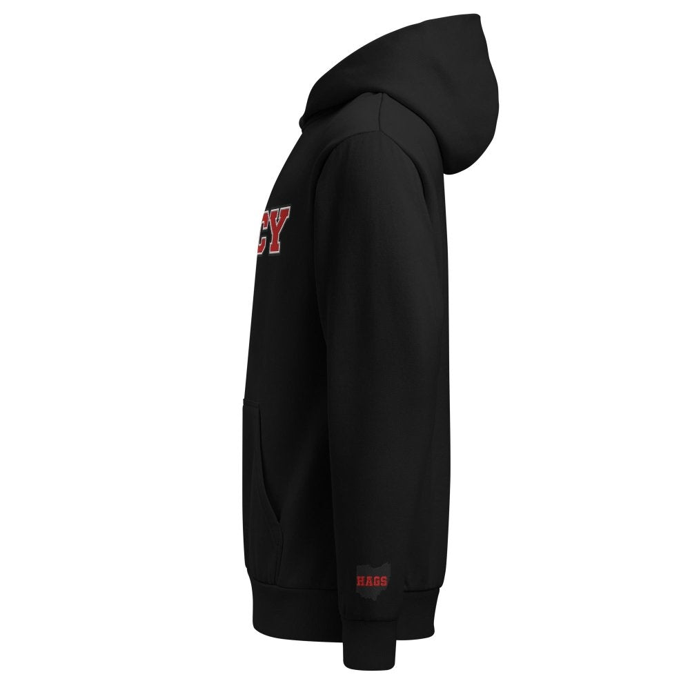 Left-side view of black HAGS Cincinnati Ohio CINCY embroidered hoodie.