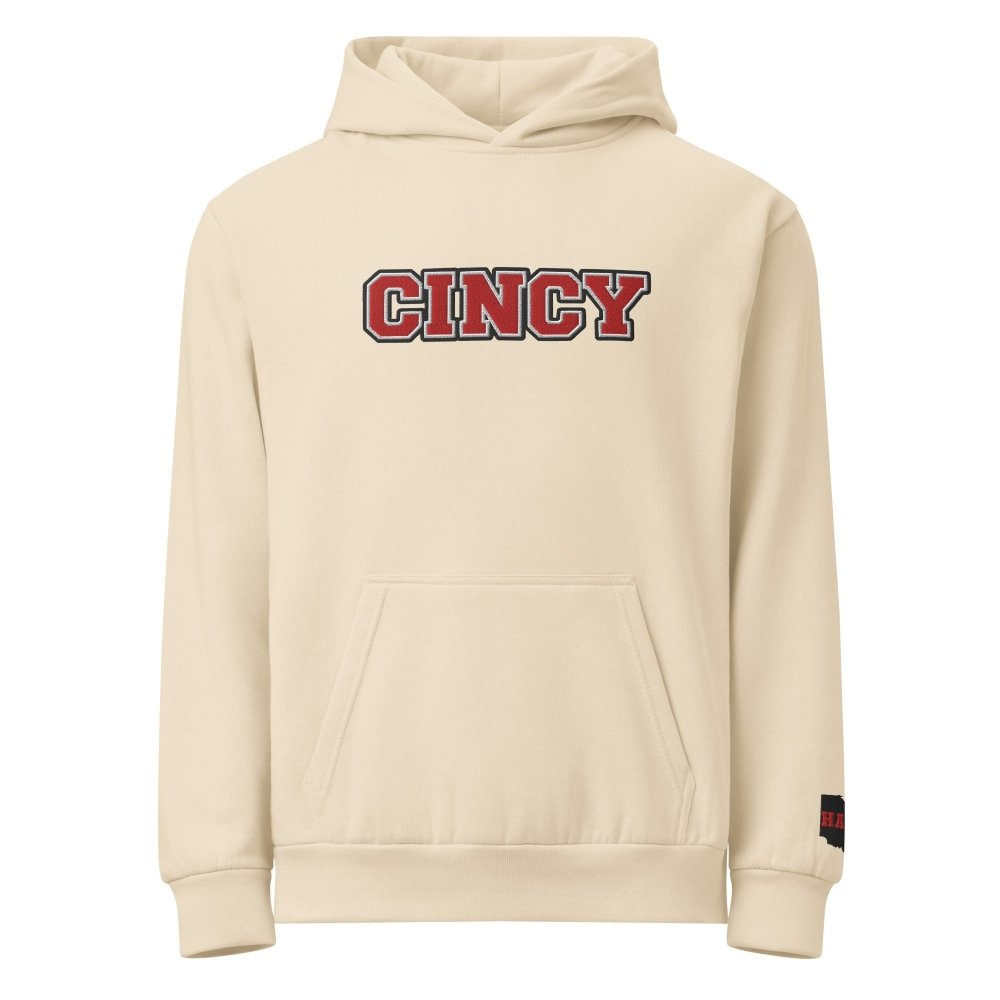 Front view of ivory HAGS Cincinnati Ohio CINCY embroidered hoodie, showing red CINCY chest lettering.