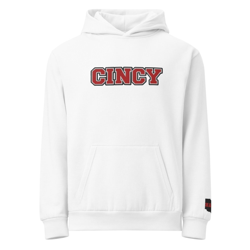 Front view of white HAGS Cincinnati Ohio CINCY embroidered hoodie, showing red CINCY chest lettering.