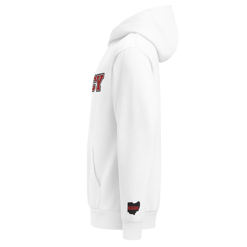 Left-side view of white HAGS Cincinnati Ohio CINCY embroidered hoodie.