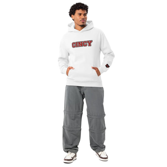 Model wearing a white HAGS Cincinnati Ohio CINCY hoodie with red CINCY chest lettering.