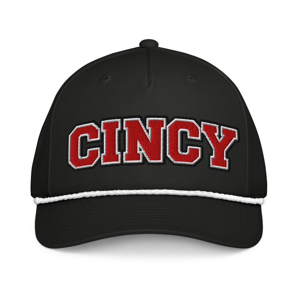Front view of black HAGS Cincinnati Ohio CINCY rope hat, showing red CINCY lettering and contrasting rope.