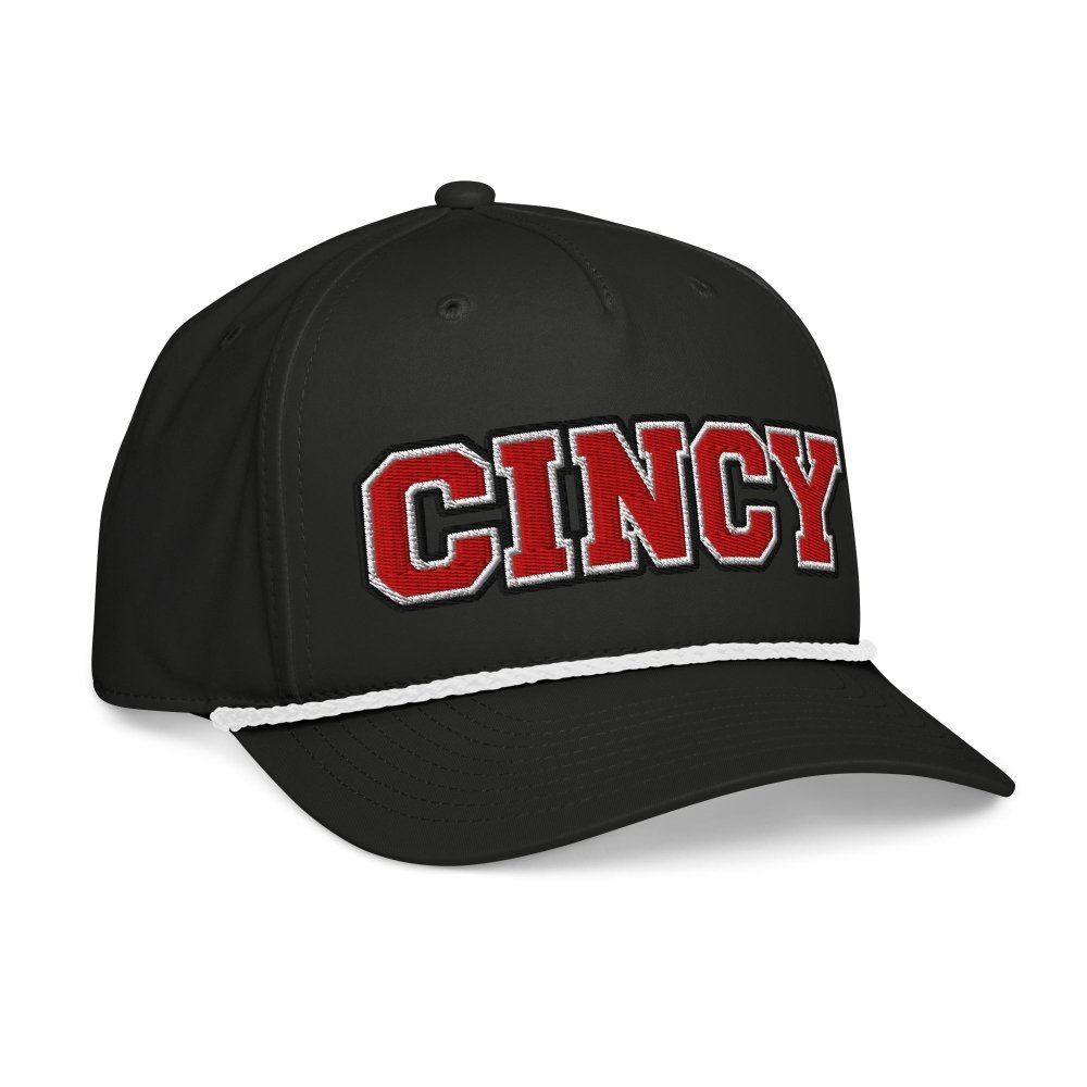 Opposite angled front view of black HAGS Cincinnati Ohio CINCY rope hat, showing red CINCY lettering and contrasting rope.