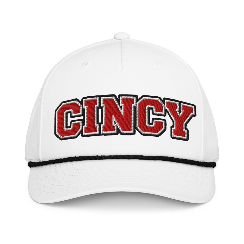 Front view of white HAGS Cincinnati Ohio CINCY rope hat, showing red CINCY lettering and contrasting rope.
