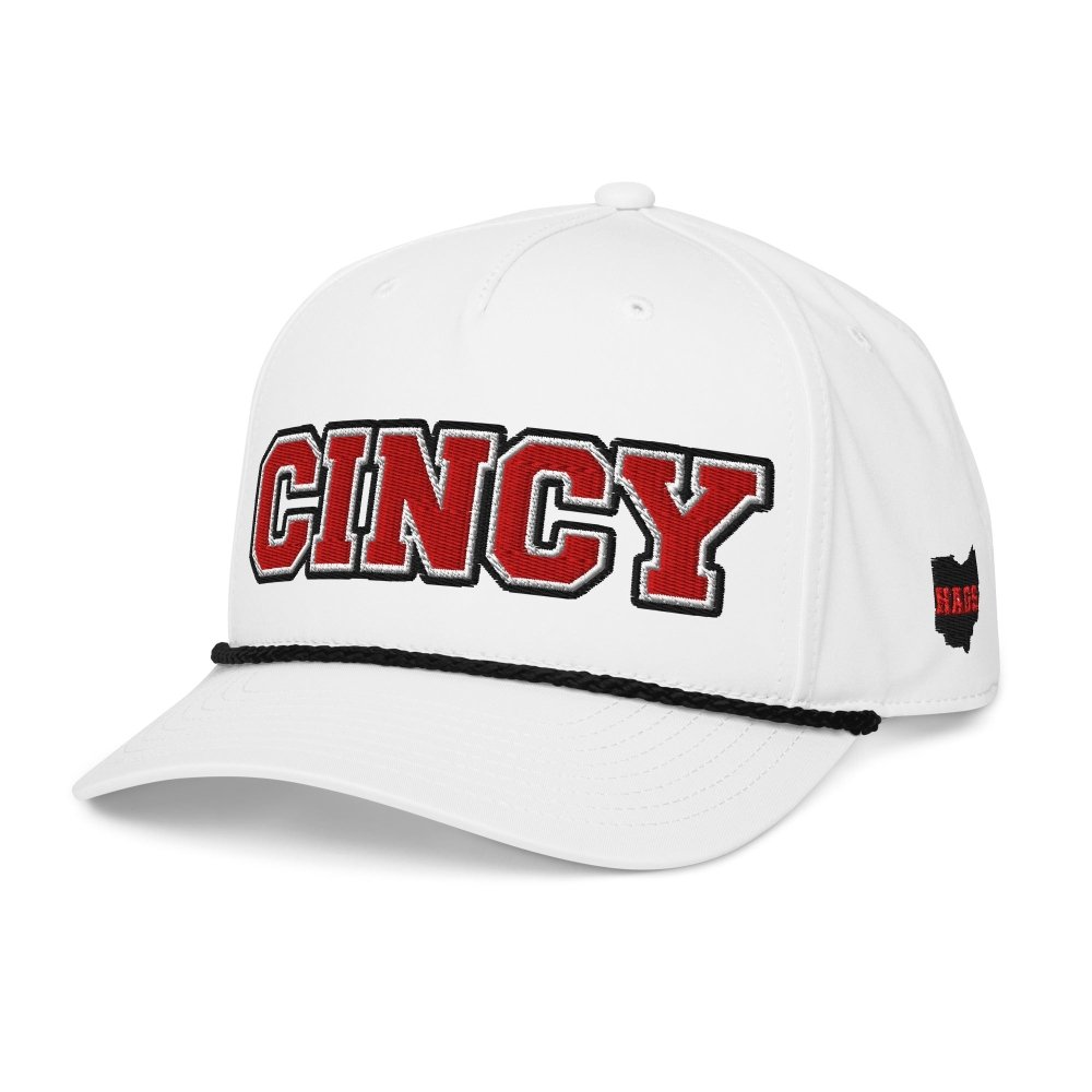 Angled front view of white HAGS Cincinnati Ohio CINCY rope hat, showing red CINCY lettering and contrasting rope.