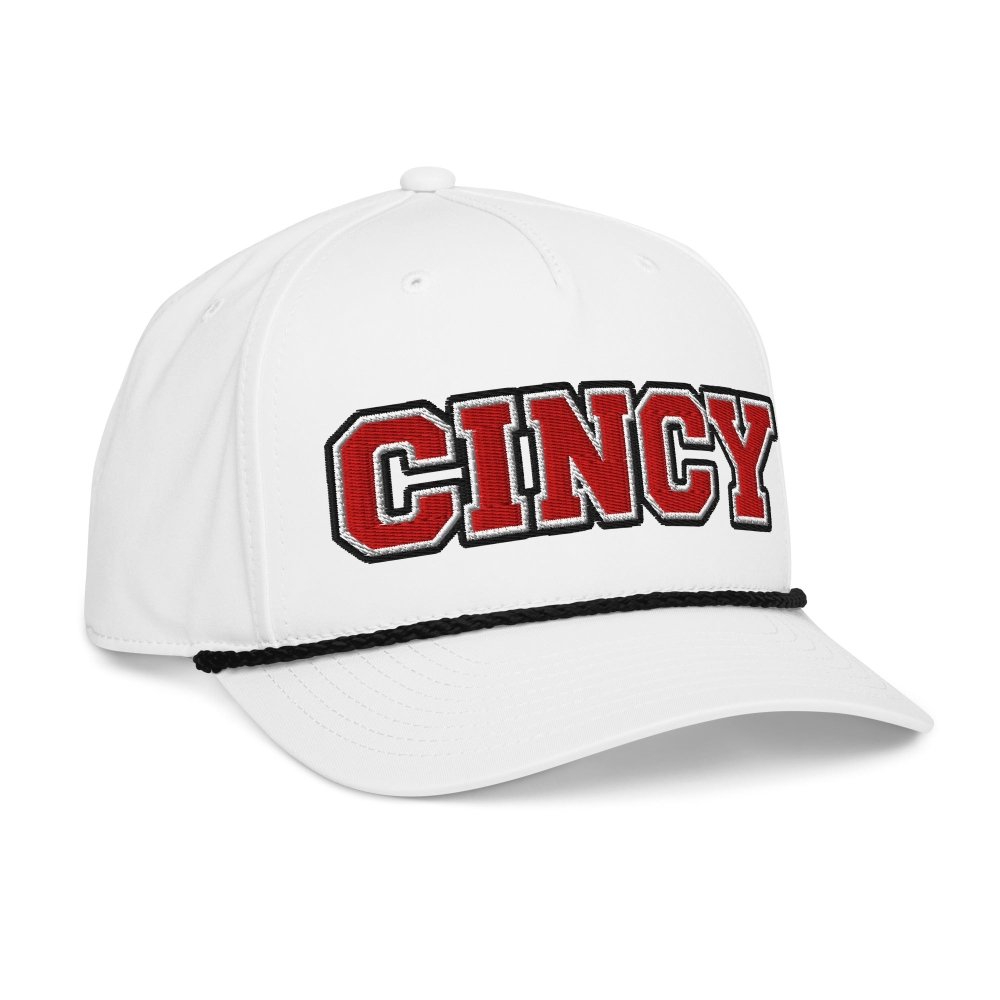 Opposite angled front view of white HAGS Cincinnati Ohio CINCY rope hat, showing red CINCY lettering and contrasting rope.