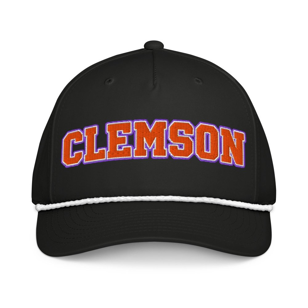 Front view of black HAGS Clemson South Carolina rope hat, showing orange and purple CLEMSON lettering.