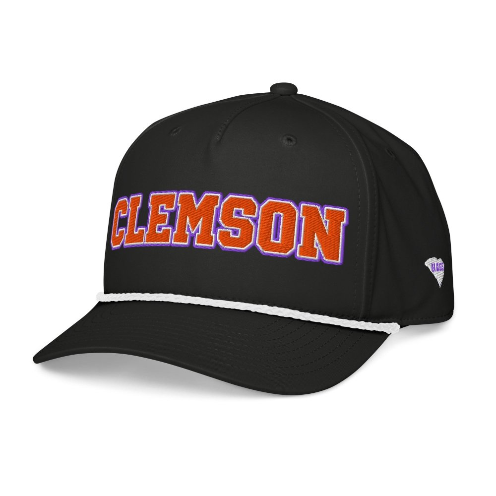 Angled front view of black HAGS Clemson South Carolina rope hat, showing orange and purple CLEMSON lettering.