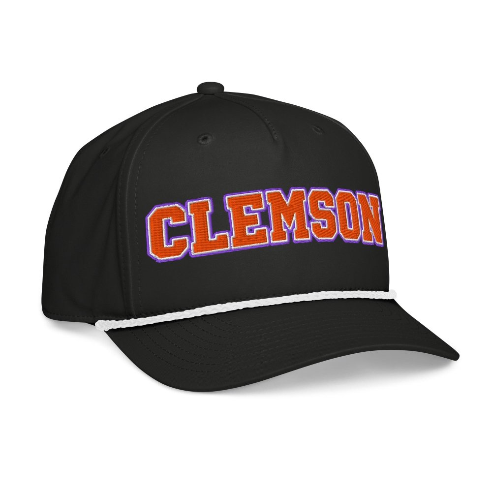Opposite angled front view of black HAGS Clemson South Carolina rope hat, showing orange and purple CLEMSON lettering.