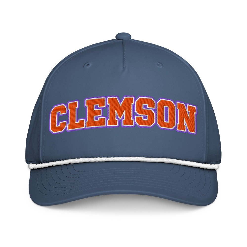 Front view of navy HAGS Clemson South Carolina rope hat, showing orange and purple CLEMSON lettering.