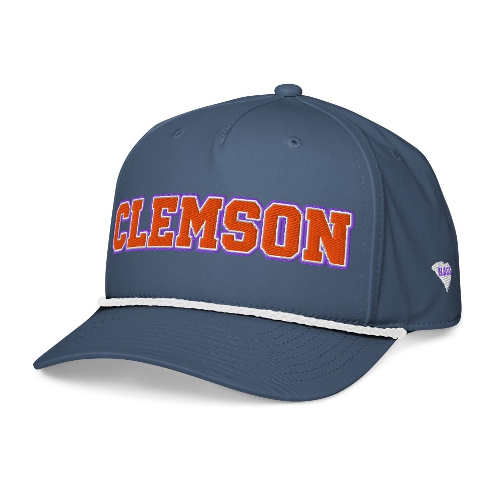 Angled front view of navy HAGS Clemson South Carolina rope hat, showing orange and purple CLEMSON lettering.