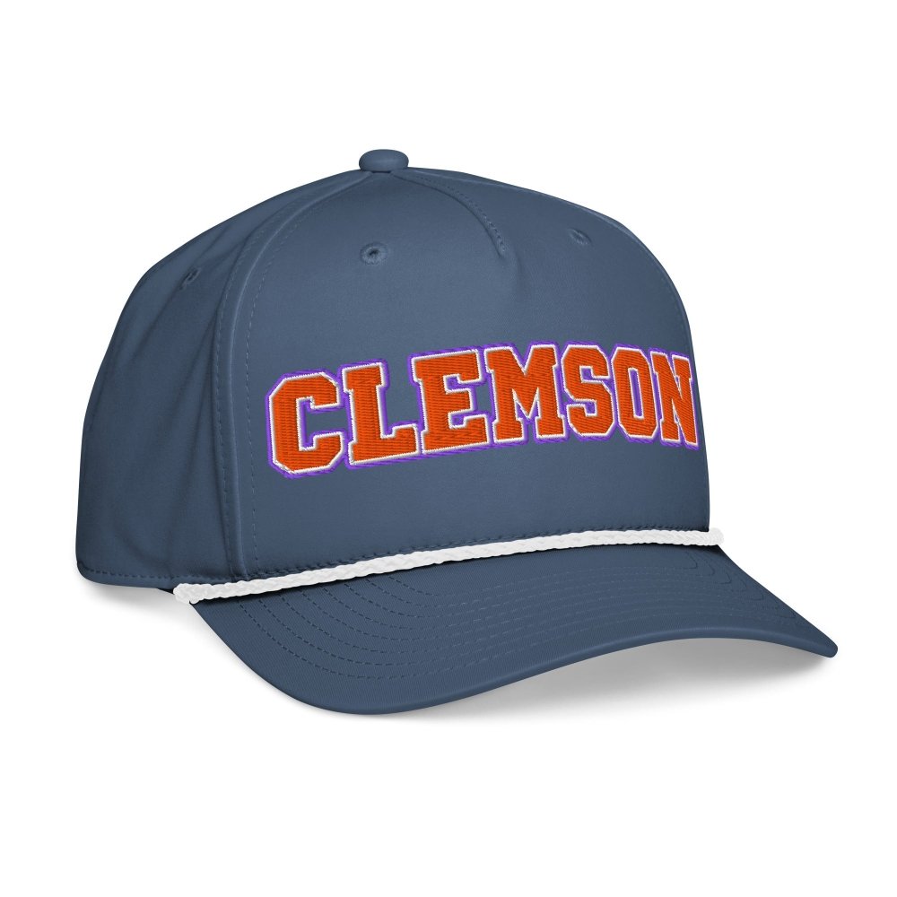 Opposite angled front view of navy HAGS Clemson South Carolina rope hat, showing orange and purple CLEMSON lettering.
