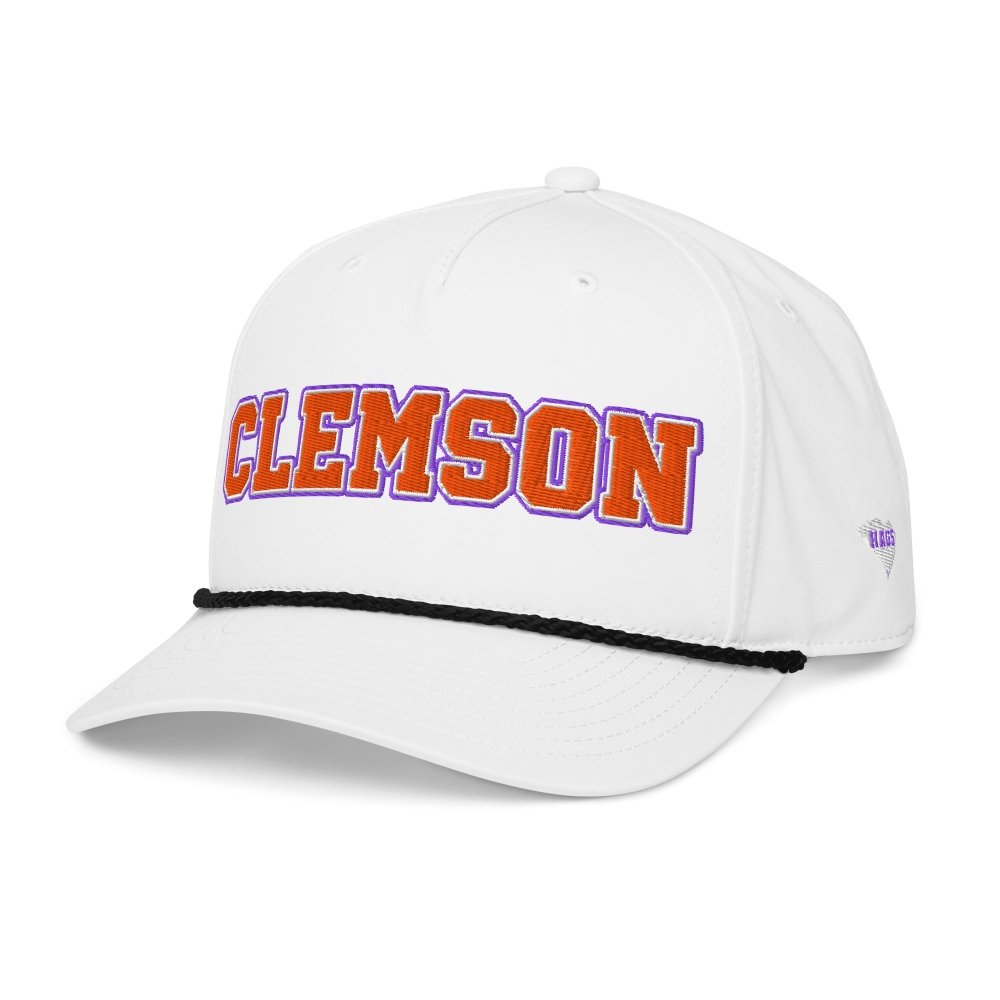 Angled front view of white HAGS Clemson South Carolina rope hat, showing orange and purple CLEMSON lettering.