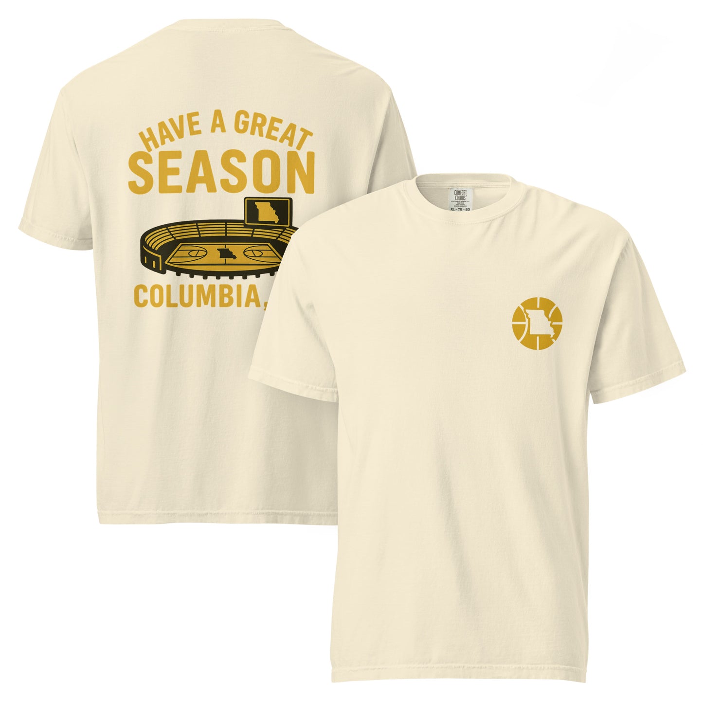 Front and back views of ivory HAGS Columbia Missouri basketball arena T-shirt, showing small circular chest graphic and "Have a Great Season" basketball arena graphic.