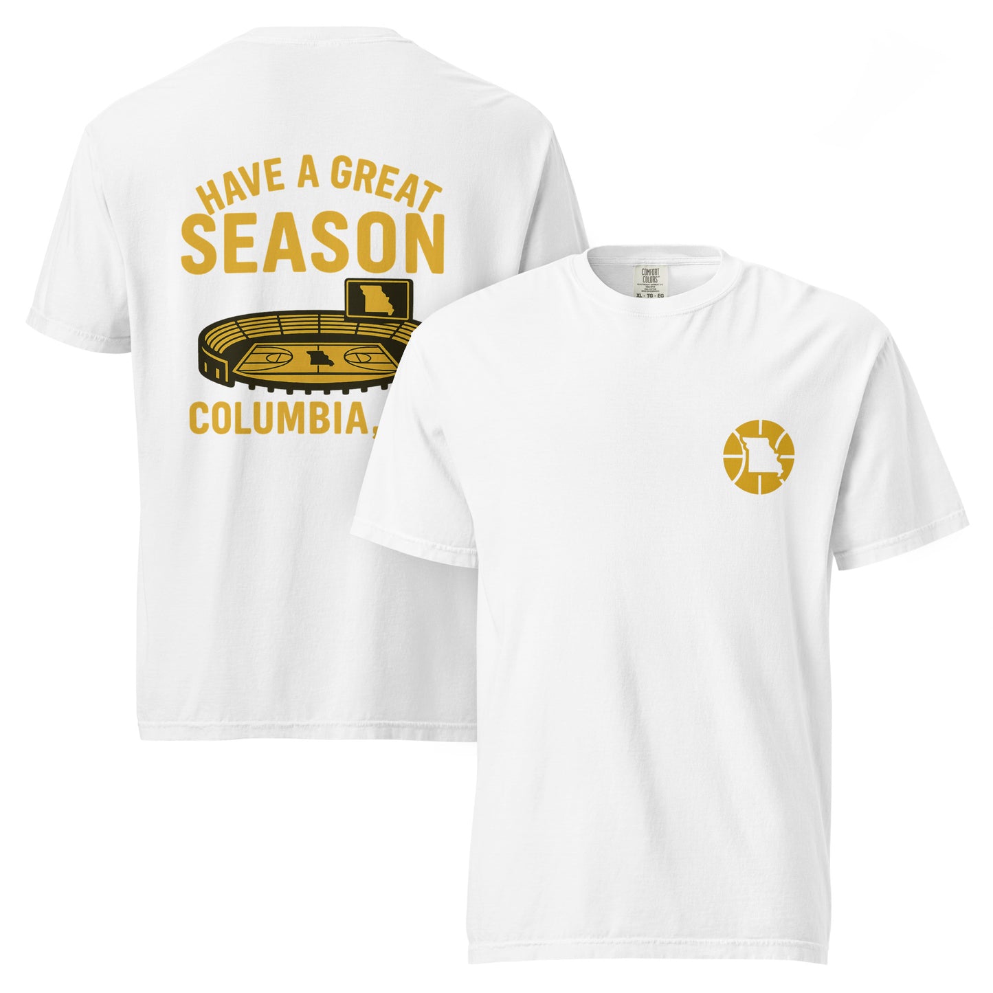 Front and back views of white HAGS Columbia Missouri basketball arena T-shirt, showing small circular chest graphic and "Have a Great Season" basketball arena graphic.