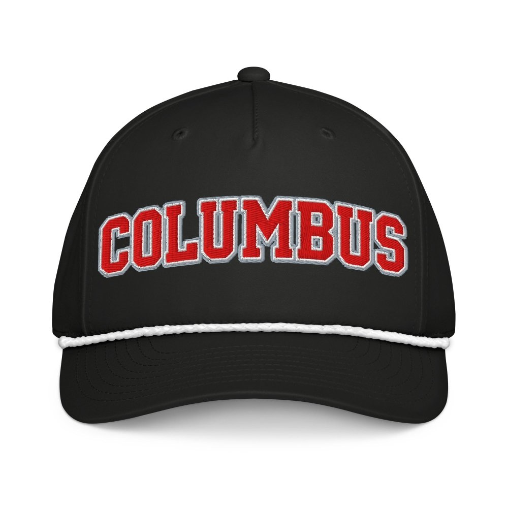 Front view of black HAGS Columbus Ohio rope hat, showing red COLUMBUS lettering.