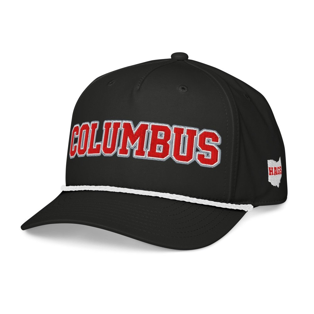Angled front view of black HAGS Columbus Ohio rope hat, showing red COLUMBUS lettering.