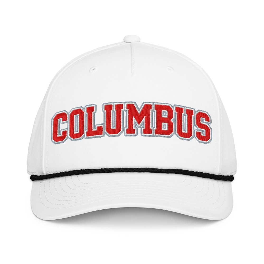 Front view of white HAGS Columbus Ohio rope hat, showing red COLUMBUS lettering.